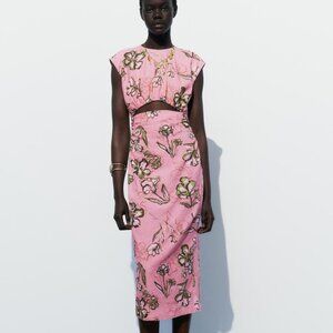 ZARA PINK LINEN BLEND PRINTED DRESS SIZE XS
